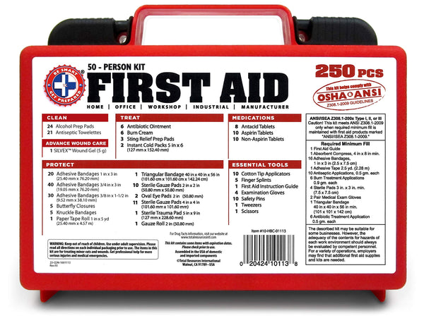 "Be Smart Get Prepared 250Piece First Aid Kit, Exceeds OSHA Ansi Standards for 50 People - Office, Home, Car, School, Emergency, Survival, Camping, Hunting, Sports"