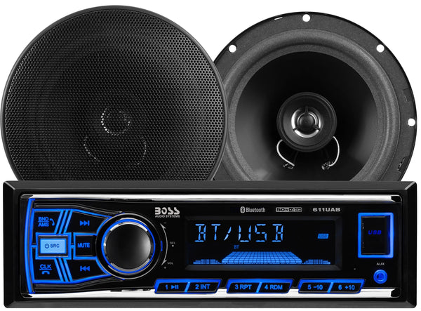 BOSS Audio Systems 638BCK Car Stereo Package - Single Din, Bluetooth, - no CD DVD MP3 USB WMA AM FM Radio, 6.5 Inch 2 Way Full Range Speakers