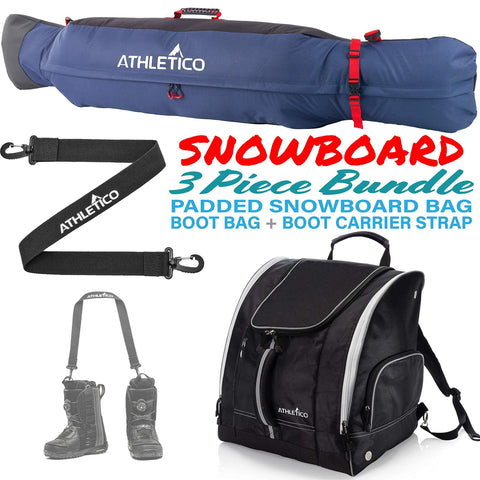 Athletico Freestyle Padded Snowboard Bag Bundle - Snowboard Bag + Snowboard Boot Bag + Snowboard Boot Strap (Black/Blue, 175 cm)