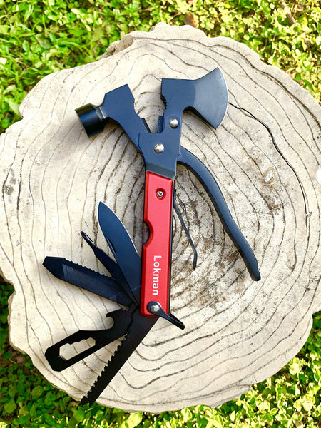 LOKMAN 14 in 1 Stainless Steel Multitool for Camping, Survival Kit, Outdoors, Car Emergency with Hammer, Axe, Knife, Plier, Screwdrivers,Wrench, Bottle Opener+ - Thanks Giving Gift for Father