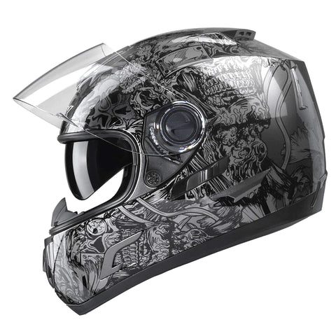 GLX Unisex-Adult GX15 Lightweight Full Face Motorcycle Street Bike Helmet with Internal Sun Visor DOT Approved (Skull, Large)