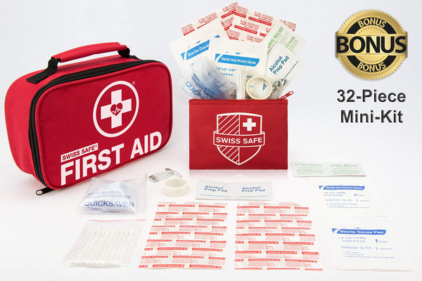 Swiss Safe 2-in-1 First Aid Kit (120 Piece) + Bonus 32-Piece Mini First Aid Kit: Compact, Lightweight for Emergencies at Home, Outdoors, Car, Camping, Workplace, Hiking & Survival