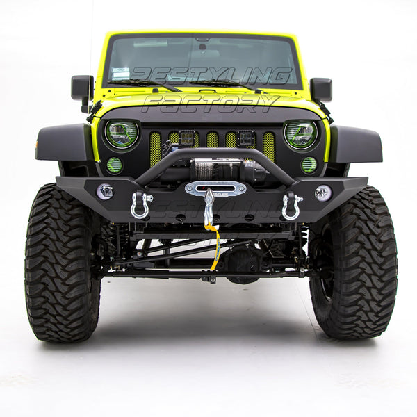 Restyling Factory -Black Textured Front Bumper With Fog Lights Hole & 2x D-Ring & Winch Plate for 07-17 Jeep Wrangler JK