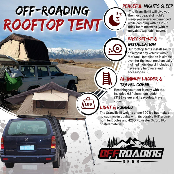 Offroading Gear Rooftop Tent, 48" x 84" x 50", Fits 2 People, for Truck/SUV/Car/Etc. - Tan
