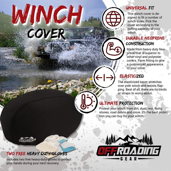 Winch Cover, 8000-10000 lbs Winches, Black Neoprene for Off-Roading 4x4