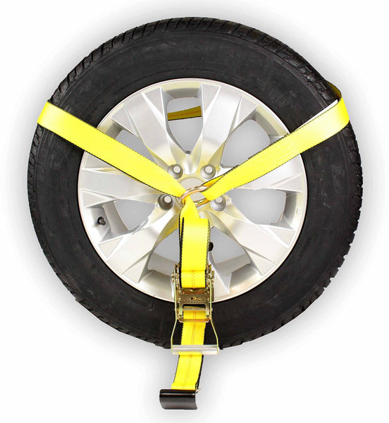 DC Cargo Mall 4 Side Mount Wheel Nets with Flat Hook and Ratchet | 4 Pack Car Wheel Lasso Straps for Auto Hauling