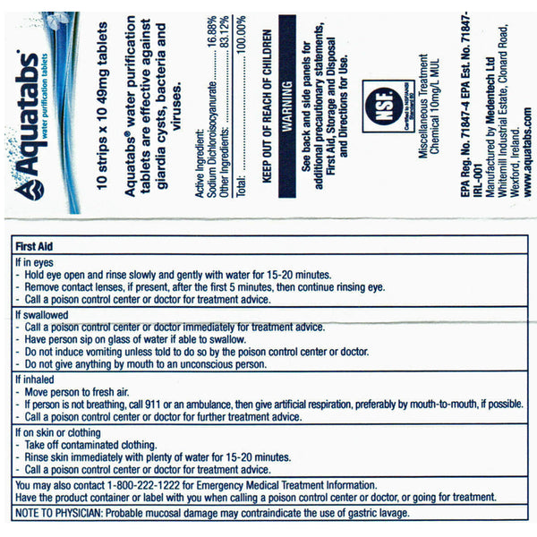 Aquatabs - World's Best Water Purification Tablets for Water Treatment and Disinfection - Ideal for Emergencies, Survival, Travel and Camping - 100 Tablets in Convenient Travel Packaging