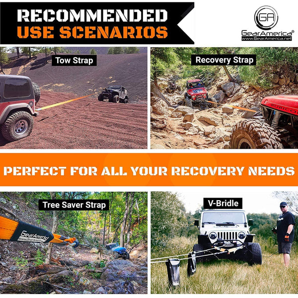 GearAmerica (Bundle) Tow Strap 3" x20' + Tree Saver Winch Strap 3" x8' | Heavy Duty 35,000 LBS (17.5 T) Strength | Off-Road Towing and Recovery | Tipple Reinforced Loops + Protective Sleeves (2PK)