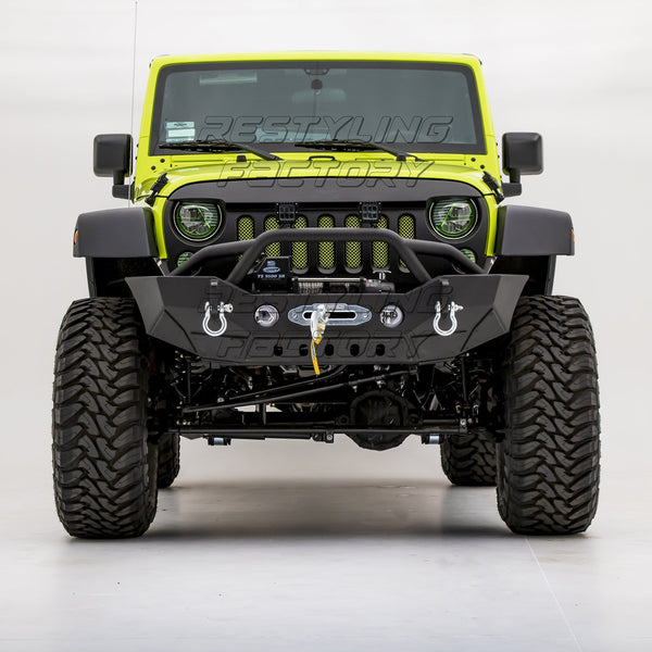 Restyling Factory-Rock Crawler Front Bumper With Fog Lights Hole & Built In Winch Plate Black Textured for 07-18 Jeep Wrangler JK
