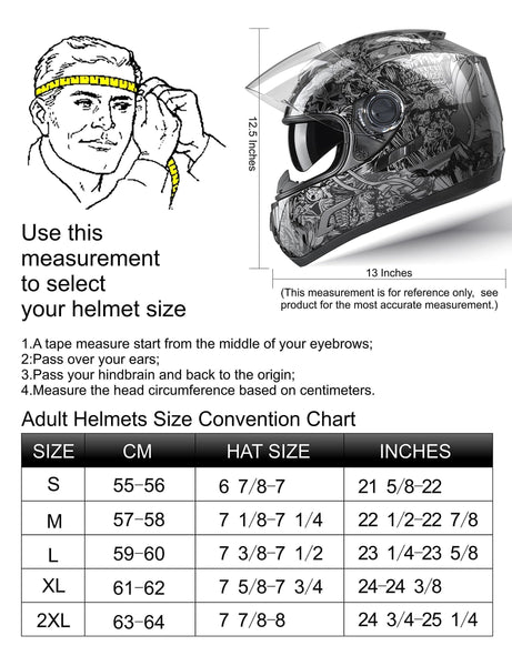 GLX Unisex-Adult GX15 Lightweight Full Face Motorcycle Street Bike Helmet with Internal Sun Visor DOT Approved (Skull, Large)