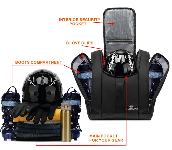 TurnWay Ski/Snowboard Boot Bag/Skating Bag | Excellent for Store Gear, Jacket, Helmet, Goggles, Gloves & Accessories | Travel with Waterproof Exterior & Bottom, Venting & Grommets for Snow Drainage