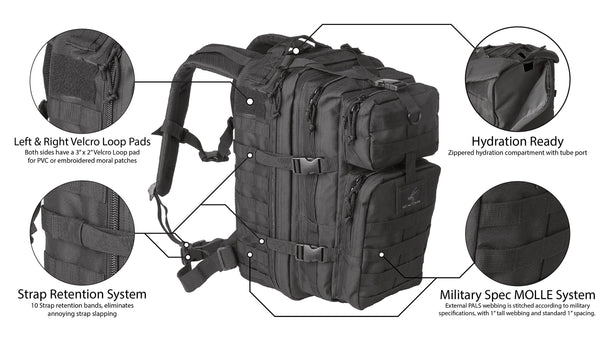 Exos Bravo Tactical Assault Backpack Rucksack. Great as a Bug Out Bag, Daypack, or Go Bag; for Hiking, or Camping. Molle Equipped & Hydration Pack Ready (Black)