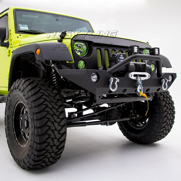 Restyling Factory -Black Textured Front Bumper With Fog Lights Hole & 2x D-Ring & Winch Plate for 07-17 Jeep Wrangler JK