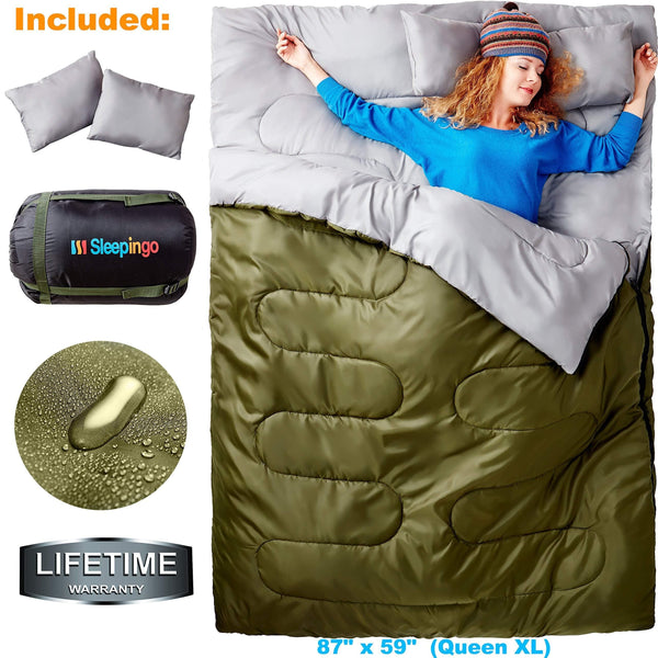 Sleepingo Double Sleeping Bag for Backpacking, Camping, Or Hiking, Queen Size XL! Cold Weather 2 Person Waterproof Sleeping Bag for Adults Or Teens. Truck, Tent, Or Sleeping Pad, Lightweight