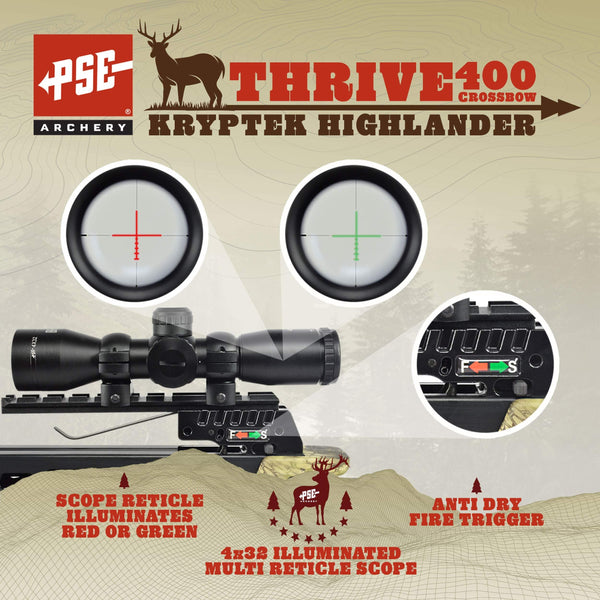 PSE Thrive 400 Crossbow Kryptek Highlander 175lbs 4x32 Illuminated Scope Package
