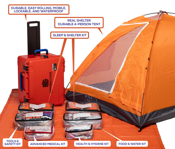 Emergency Case - Premium Family Survival Kit - 4 Person 4 Days for Earthquakes, Hurricanes, Floods, Tornadoes, Wildfires