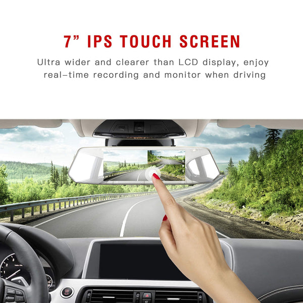TOGUARD Backup Camera 7" Mirror Dash Cam Touch Screen 1080P Rearview Front and Rear Dual Lens with Waterproof Reversing Camera