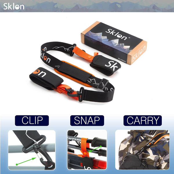 Sklon Ski Strap and Pole Carrier | Avoid The Struggle and Effortlessly Transport Your Ski Gear Everywhere You Go | Features Cushioned Shoulder Sling | Great for Families - Men, Women and Kids - Orange