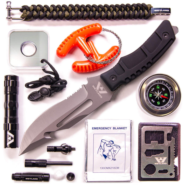 WEYLAND Emergency Survival Kit - Outdoor Survival Gear, Full Size Tactical Bushcraft Knife and Essential Camping and Hiking Tools for Any Outdoorsman