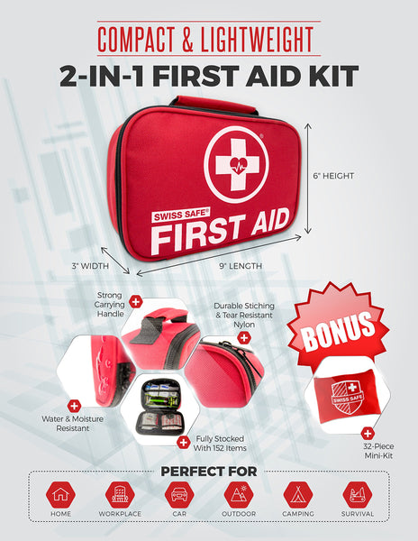 Swiss Safe 2-in-1 First Aid Kit (120 Piece) + Bonus 32-Piece Mini First Aid Kit: Compact, Lightweight for Emergencies at Home, Outdoors, Car, Camping, Workplace, Hiking & Survival