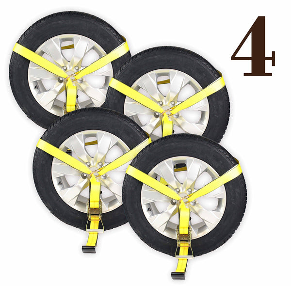 DC Cargo Mall 4 Side Mount Wheel Nets with Flat Hook and Ratchet | 4 Pack Car Wheel Lasso Straps for Auto Hauling