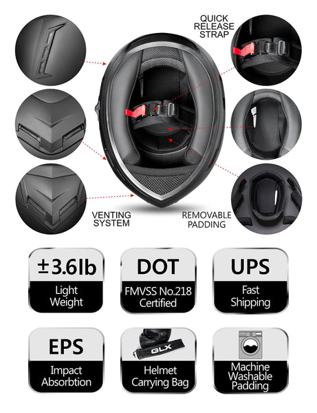 GLX Unisex-Adult GX15 Lightweight Full Face Motorcycle Street Bike Helmet with Internal Sun Visor DOT Approved (Skull, Large)