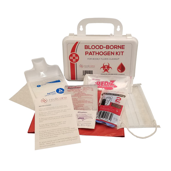 Bloodborne Pathogen/Body Fluids Cleanup Kit w/Fluid Solidifier, Biohazard Bag & Personal Protection Clothing - OSHA Requirement