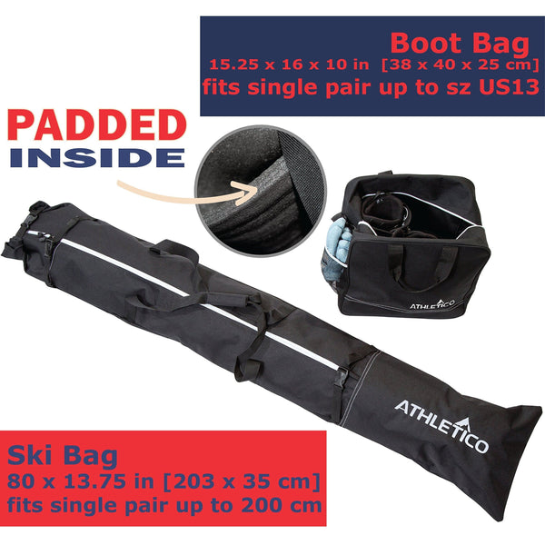 Athletico Padded Ski Bag Combo - Ski Bag & Separate Ski Boot Bag - Store & Transport Skis Up to 200 cm and Boots Up to Size 13 - Padded to Protect All Your Ski Gear and Equipment for Travel (Black)