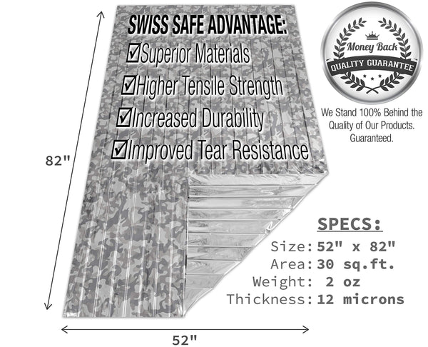 Swiss Safe Emergency Mylar Thermal Blankets (4-Pack) + Bonus Signature Gold Foil Space Blanket: Designed for NASA, Outdoors, Hiking, Survival, Marathons or First Aid (Arctic Camouflage)