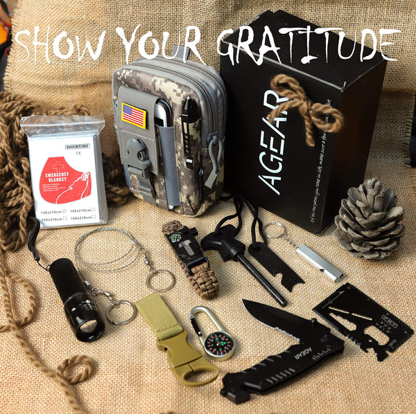 AGEAR Survival Gear with Survival Knife and fire Starter, 14 in 1 Emergency Survival kit Tactical Gear with Emergency Blanket and Compass for Hiking Tactical Gear for Men for Outdoor Adventure