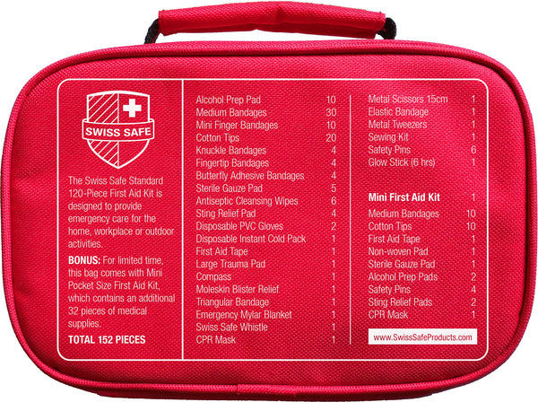 Swiss Safe 2-in-1 First Aid Kit (120 Piece) + Bonus 32-Piece Mini First Aid Kit: Compact, Lightweight for Emergencies at Home, Outdoors, Car, Camping, Workplace, Hiking & Survival