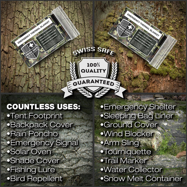 Swiss Safe Emergency Mylar Thermal Blankets (4-Pack) + Bonus Signature Gold Foil Space Blanket: Designed for NASA, Outdoors, Hiking, Survival, Marathons or First Aid (Woodland Camouflage)