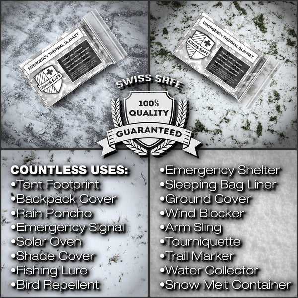 Swiss Safe Emergency Mylar Thermal Blankets (4-Pack) + Bonus Signature Gold Foil Space Blanket: Designed for NASA, Outdoors, Hiking, Survival, Marathons or First Aid (Arctic Camouflage)