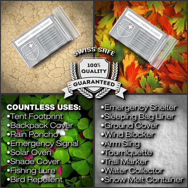 Swiss Safe Emergency Mylar Thermal Blankets (4-Pack) + Bonus Signature Gold Foil Space Blanket: Designed for NASA, Outdoors, Hiking, Survival, Marathons or First Aid