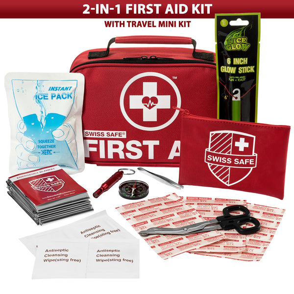 Swiss Safe 2-in-1 First Aid Kit (120 Piece) + Bonus 32-Piece Mini First Aid Kit: Compact, Lightweight for Emergencies at Home, Outdoors, Car, Camping, Workplace, Hiking & Survival